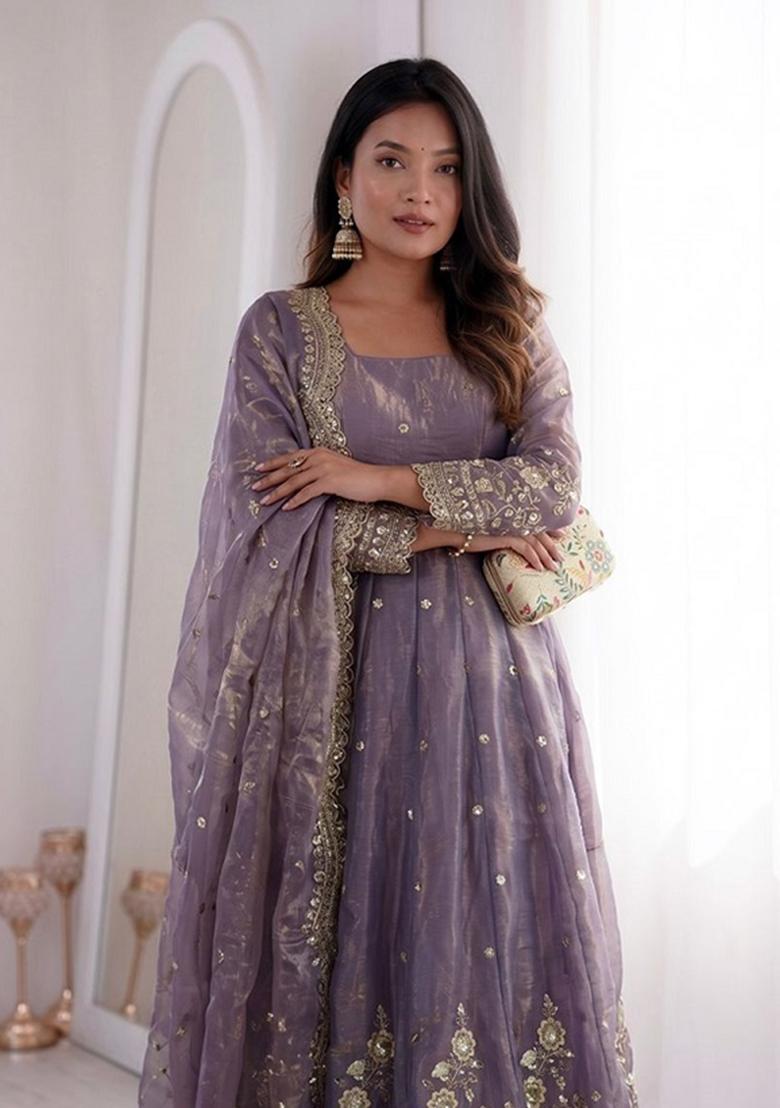 Lavender Sequin Work Silk Kurta Set - Indya