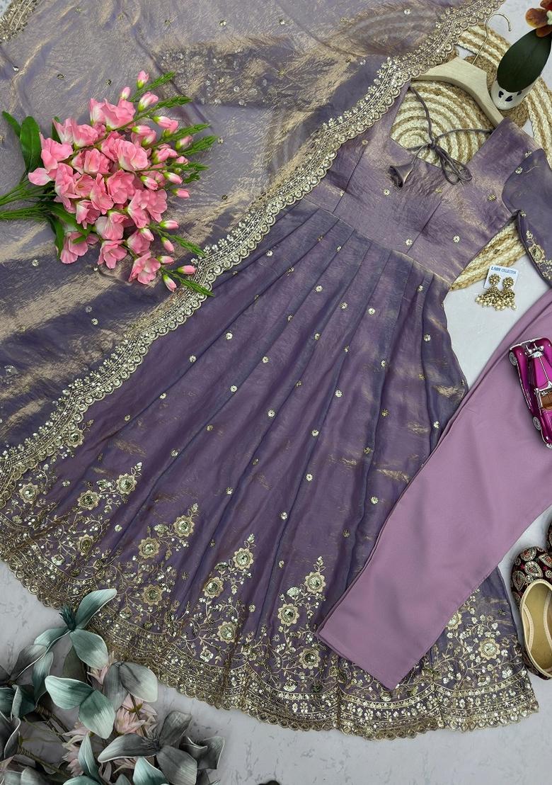 Lavender Sequin Work Silk Kurta Set - Indya