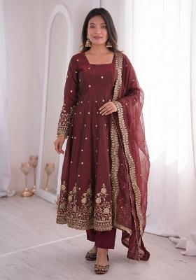 Maroon Sequin Work Silk Kurta Set