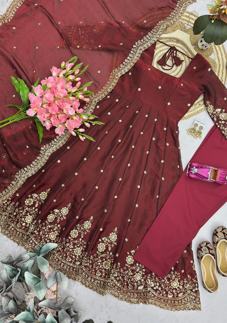 Maroon Sequin Work Silk Kurta Set - Indya