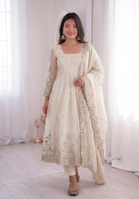 Off White Sequin Work Silk Kurta Set