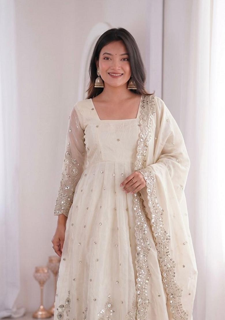 Off White Sequin Work Silk Kurta Set - Indya