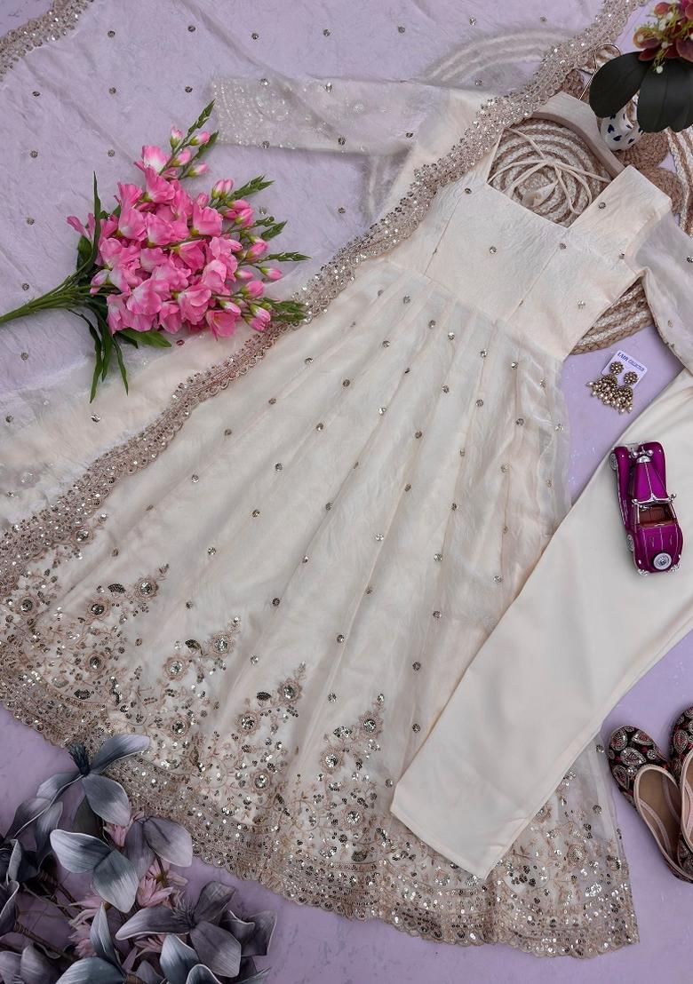 Off White Sequin Work Silk Kurta Set - Indya