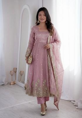 Onion Pink Sequin Work Silk Kurta Set