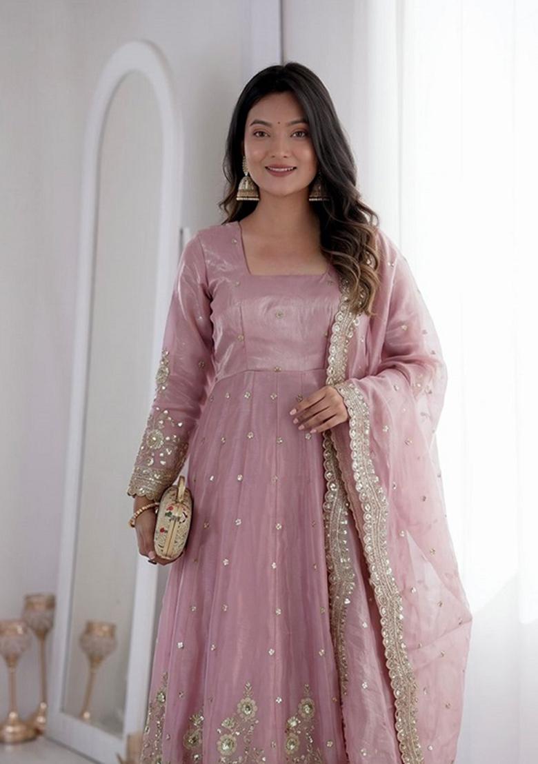 Onion Pink Sequin Work Silk Kurta Set - Indya