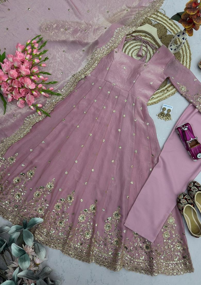 Onion Pink Sequin Work Silk Kurta Set - Indya