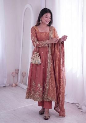 Peach Sequin Work Silk Kurta Set