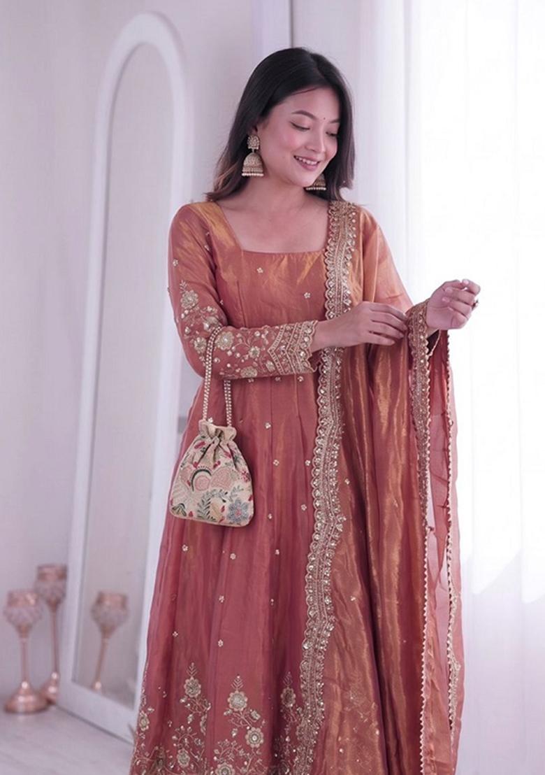 Peach Sequin Work Silk Kurta Set - Indya