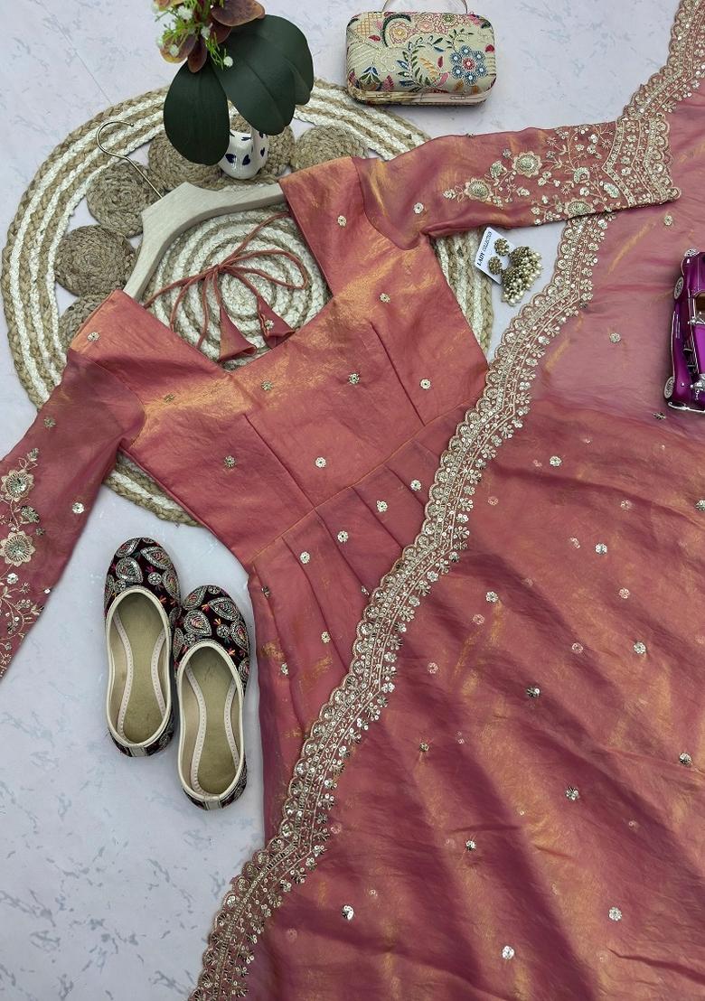 Peach Sequin Work Silk Kurta Set - Indya