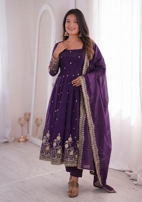 Purple Sequin Work Silk Kurta Set