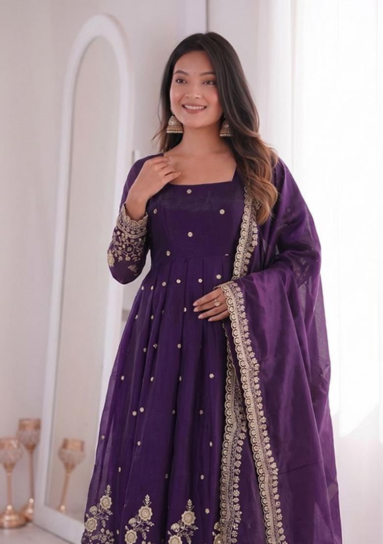 Purple Sequin Work Silk Kurta Set - Indya