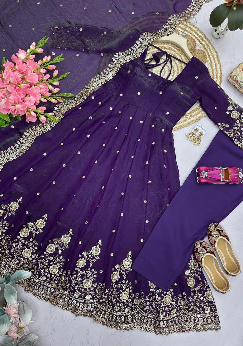 Purple Sequin Work Silk Kurta Set - Indya