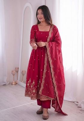 Red Sequin Work Silk Kurta Set