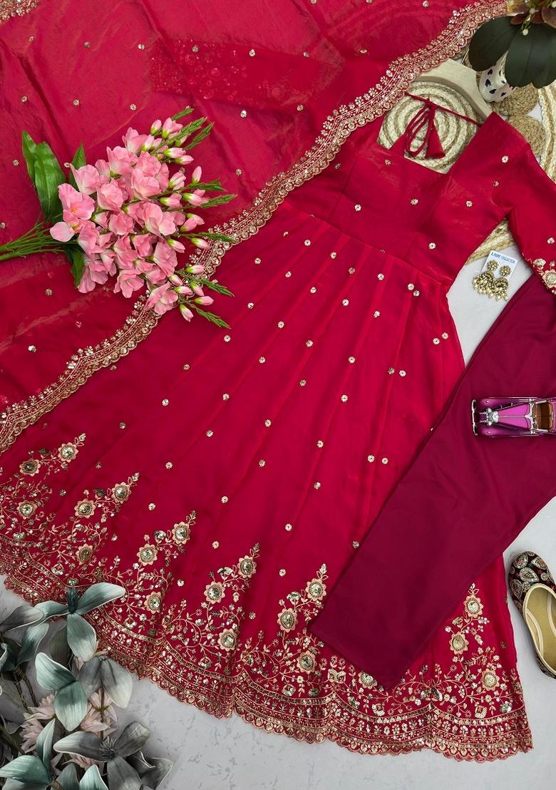 Red Sequin Work Silk Kurta Set - Indya