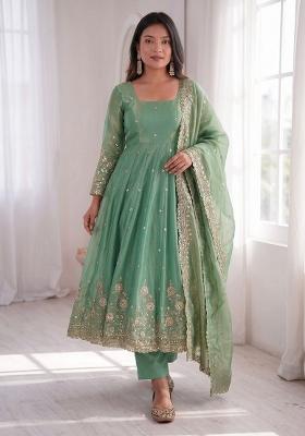 Sea Green Sequin Work Silk Kurta Set