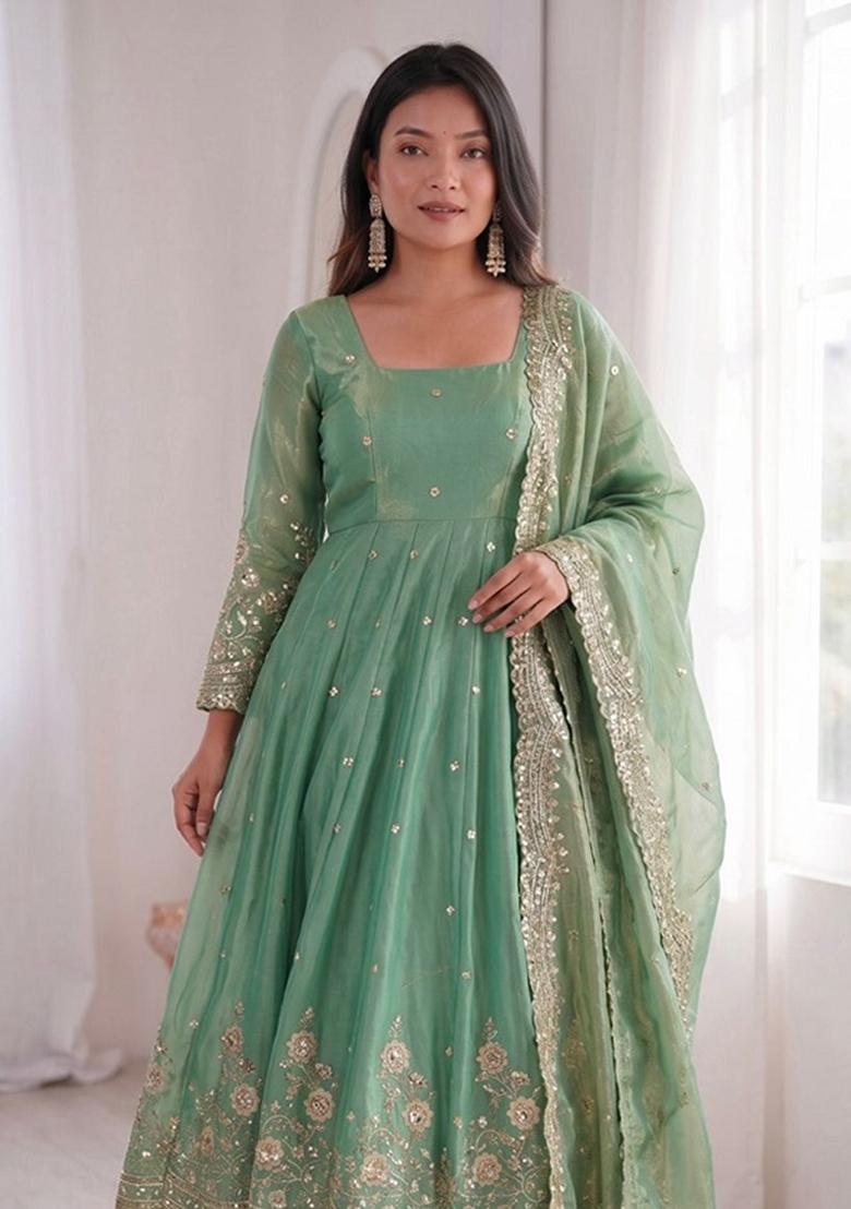 Sea Green Sequin Work Silk Kurta Set - Indya