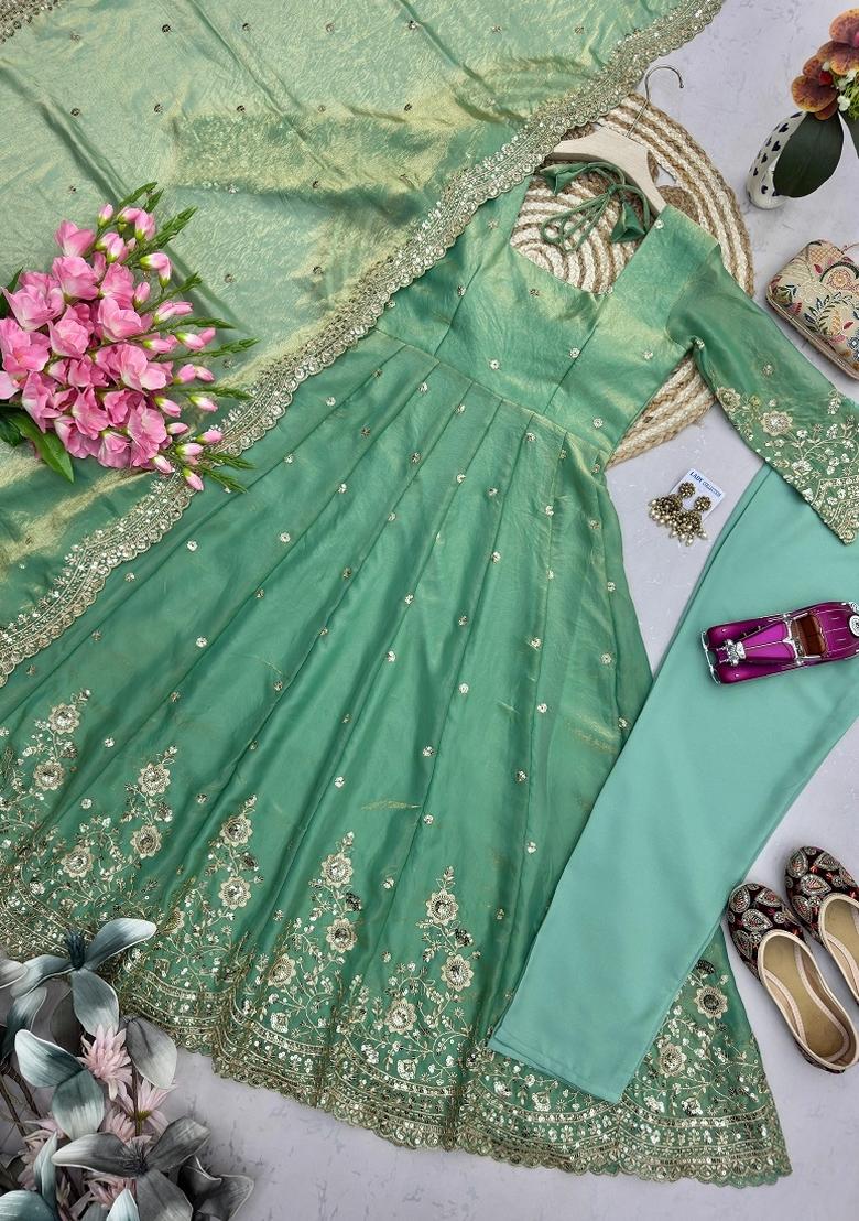 Sea Green Sequin Work Silk Kurta Set - Indya