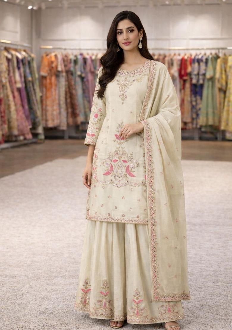 Off White Sequin Work Chinon Kurta Set - Indya
