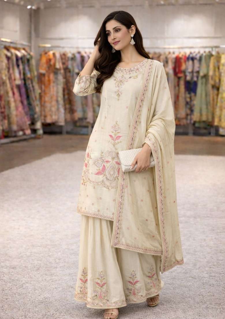 Off White Sequin Work Chinon Kurta Set - Indya