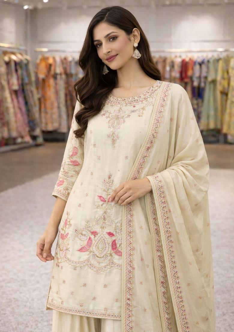 Off White Sequin Work Chinon Kurta Set - Indya
