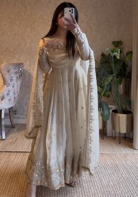 Off White Sequin Work Silk Gown Set