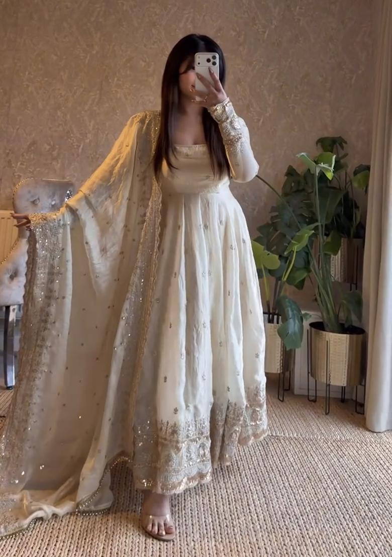 Off White Sequin Work Silk Gown Set - Indya