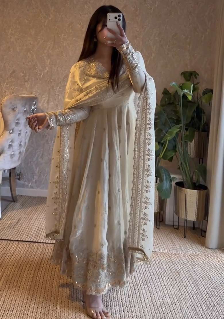 Off White Sequin Work Silk Gown Set - Indya