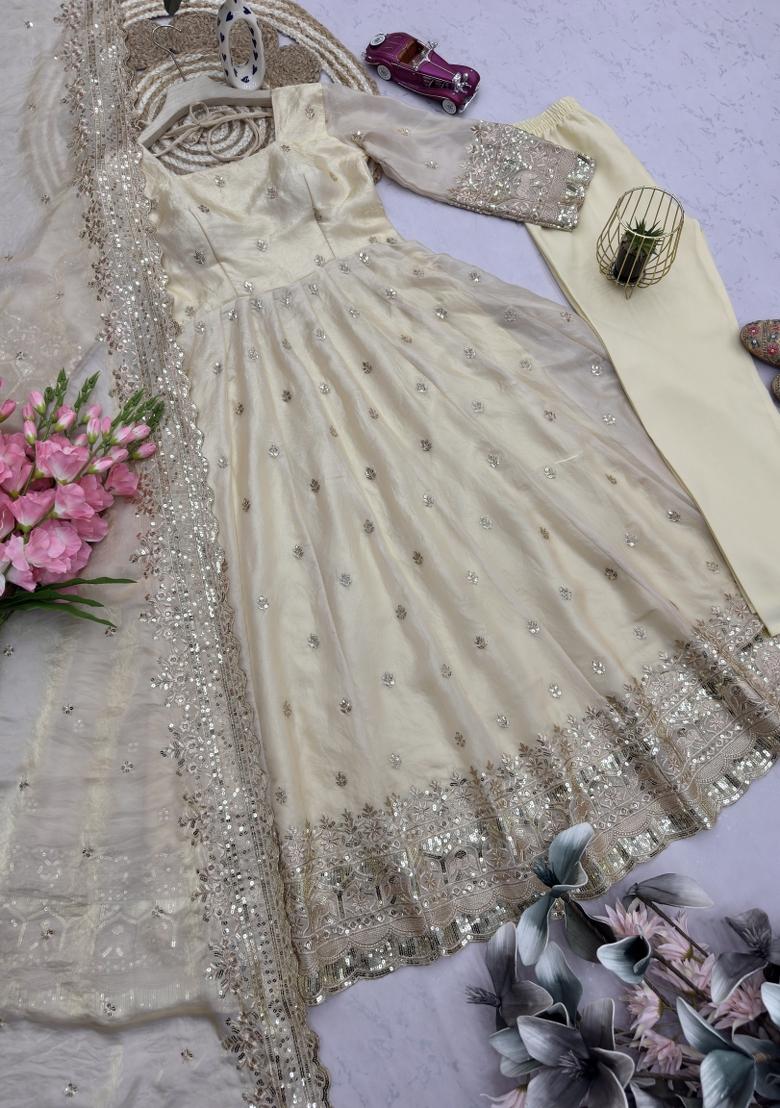 Off White Sequin Work Silk Gown Set - Indya