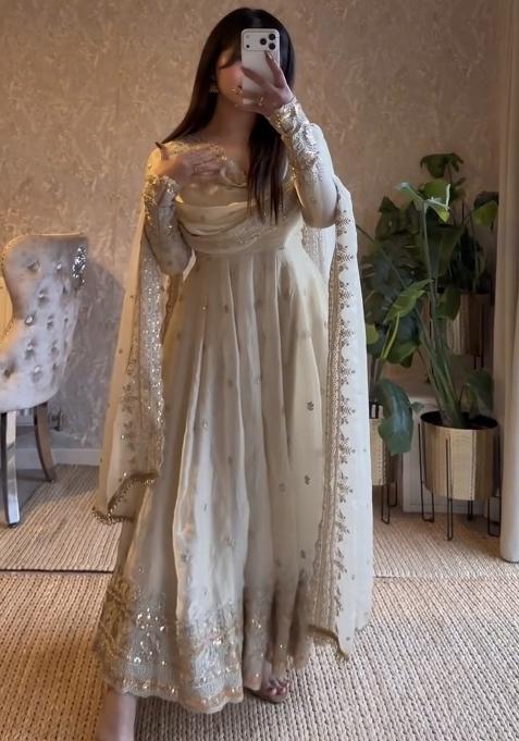 Off White Sequin Work Silk Gown Set