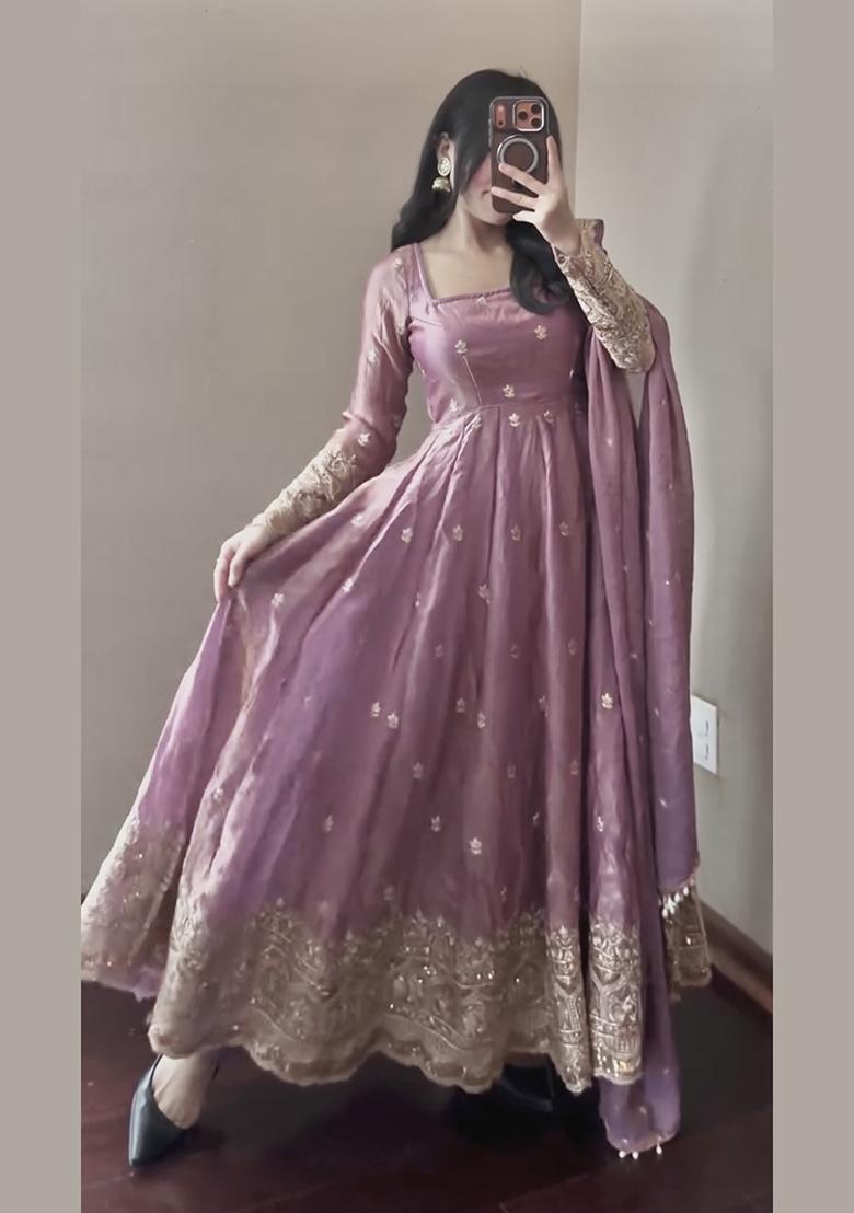 Pink Sequin Work Silk Gown Set - Indya
