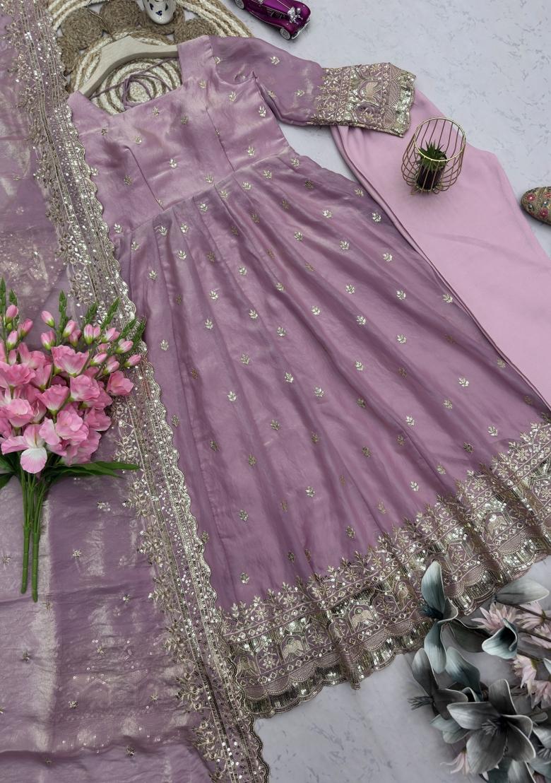 Pink Sequin Work Silk Gown Set - Indya