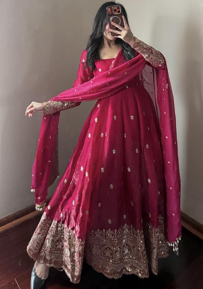 Rani Pink Sequin Work Silk Gown Set - Indya