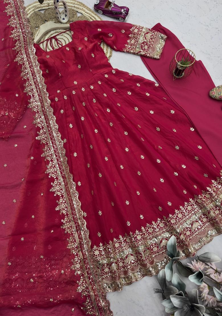 Rani Pink Sequin Work Silk Gown Set - Indya
