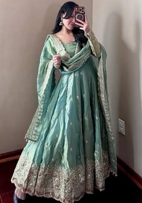 Sea Green Sequin Work Silk Gown Set