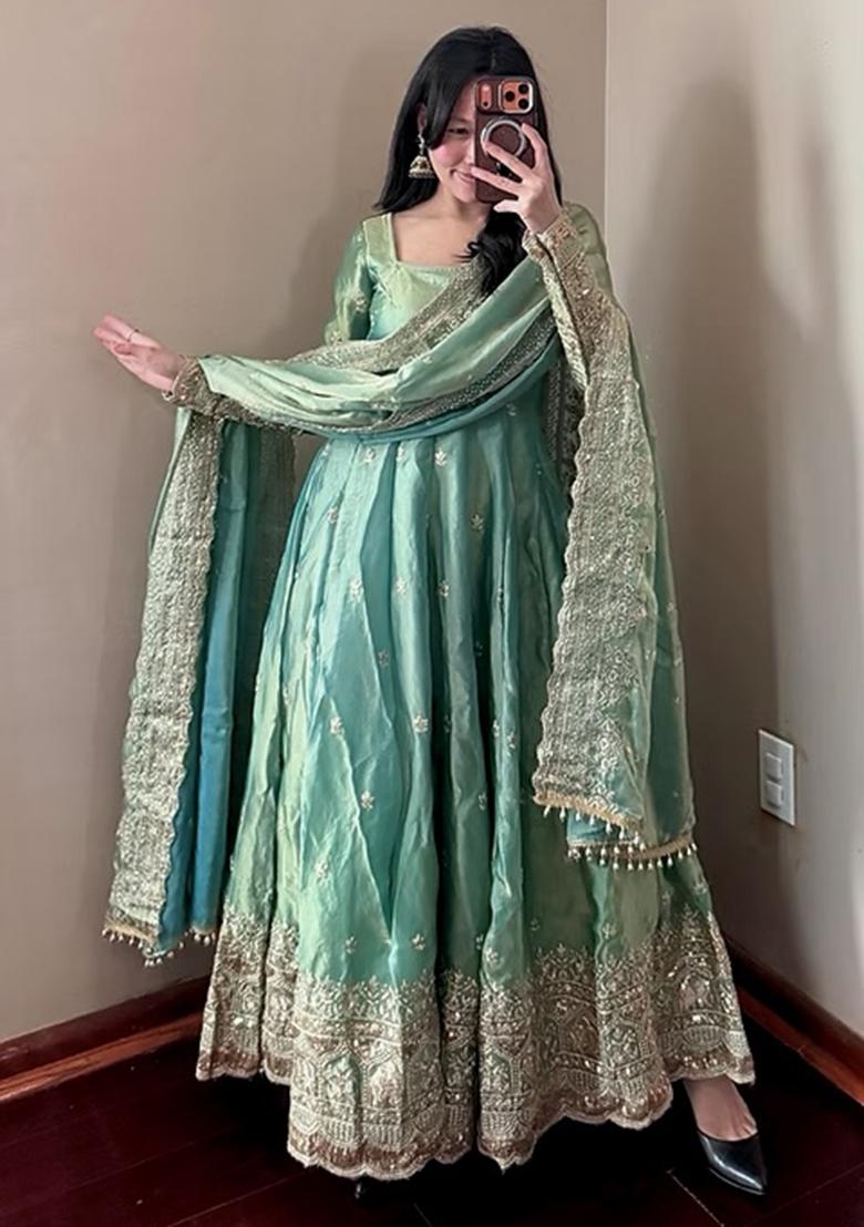 Sea Green Sequin Work Silk Gown Set - Indya