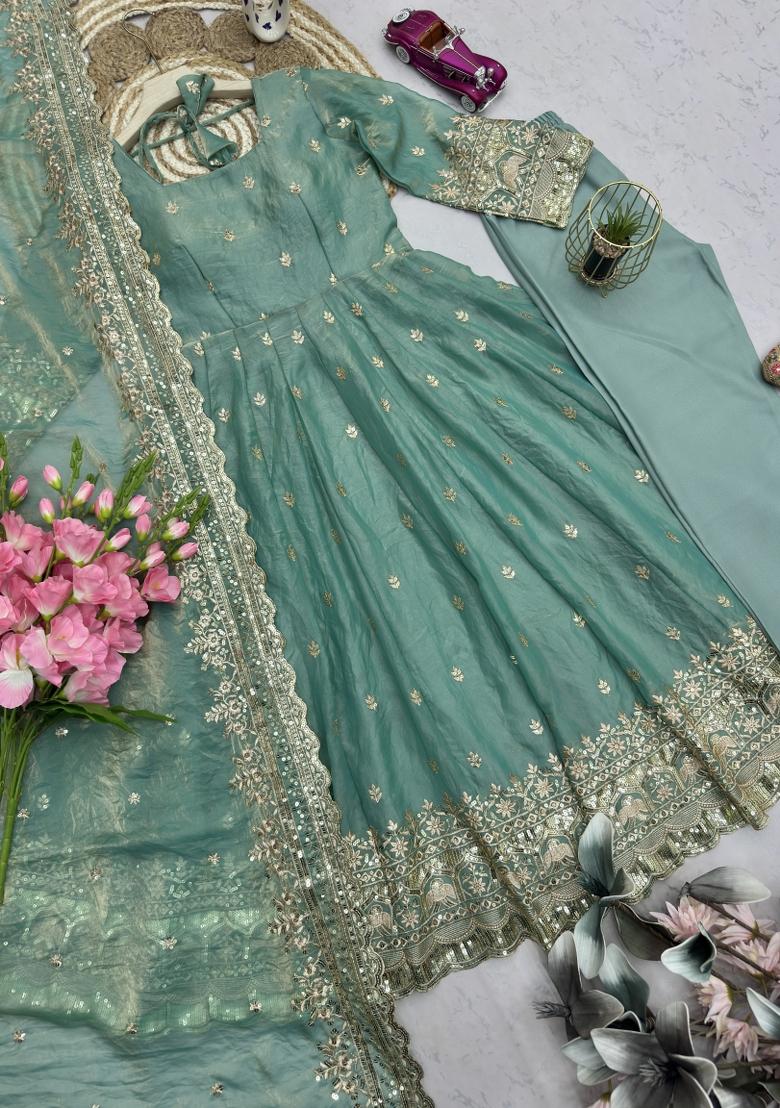 Sea Green Sequin Work Silk Gown Set - Indya