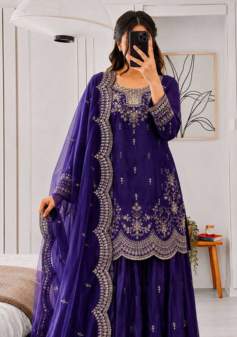 Blue Embroidery Silk Pakistani Set - Indya