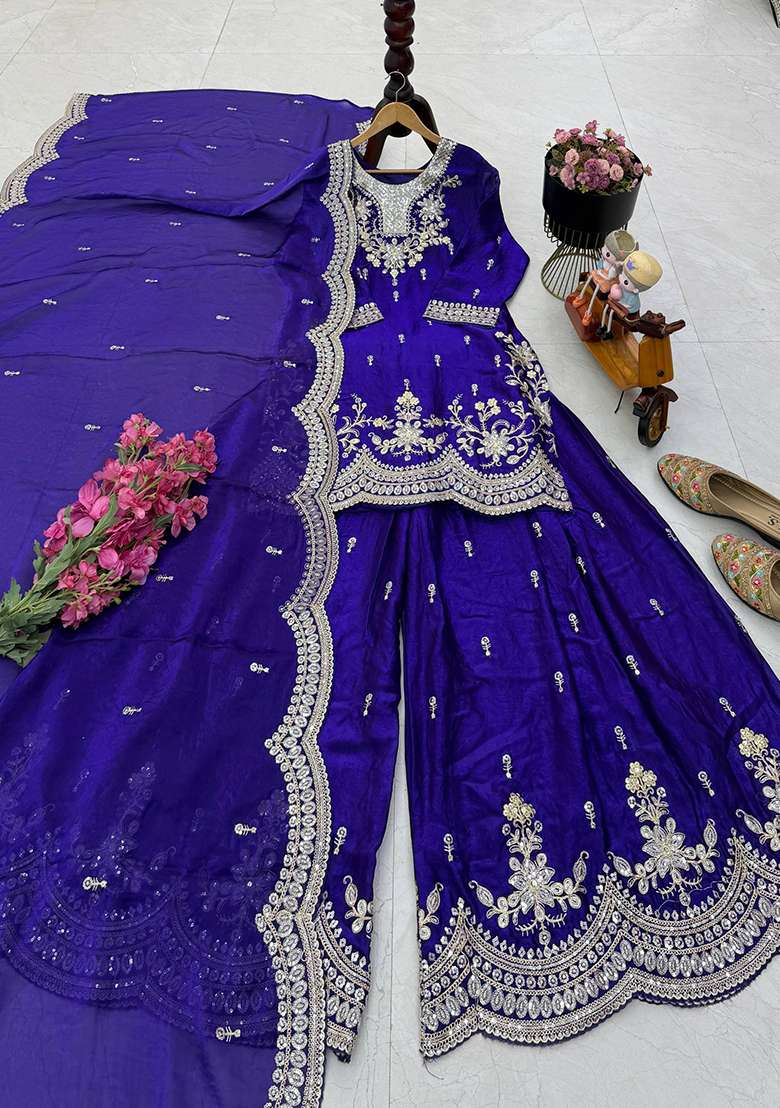 Blue Embroidery Silk Pakistani Set - Indya