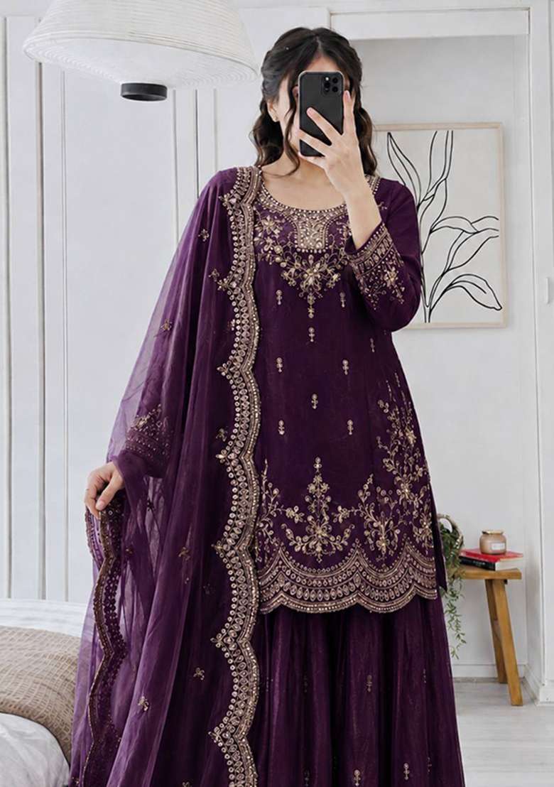 Wine Embroidery Silk Pakistani Set - Indya