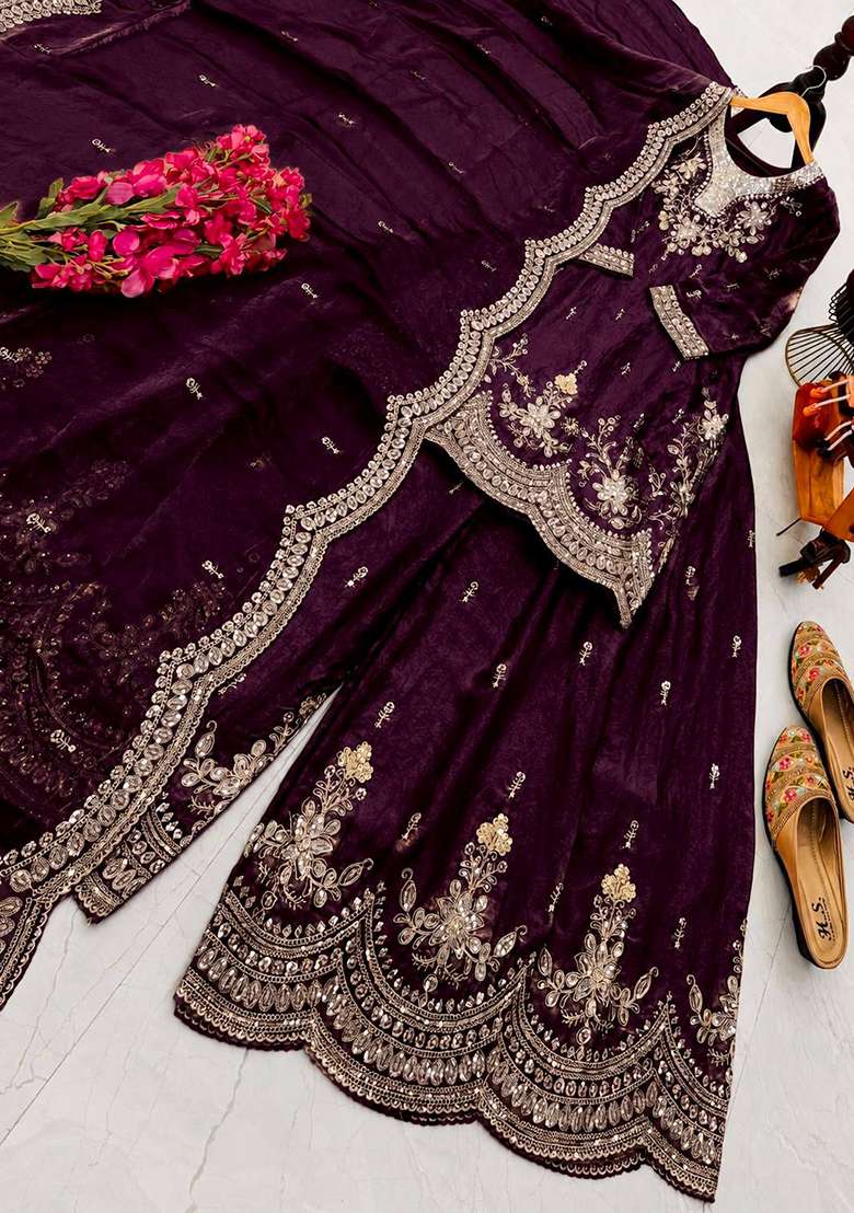 Wine Embroidery Silk Pakistani Set - Indya