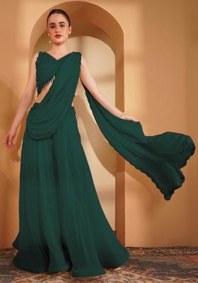 Dark Green Pearl Work Crepe Sharara Set