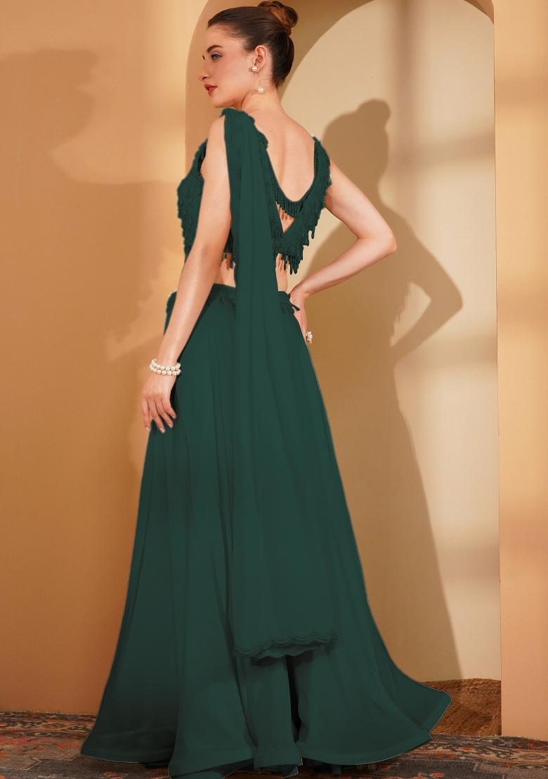 Dark Green Pearl Work Crepe Sharara Set - Indya