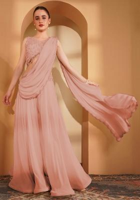 Peach Pearl Work Crepe Sharara Set