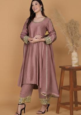 Pink Mirror Work Crepe Kurta Set