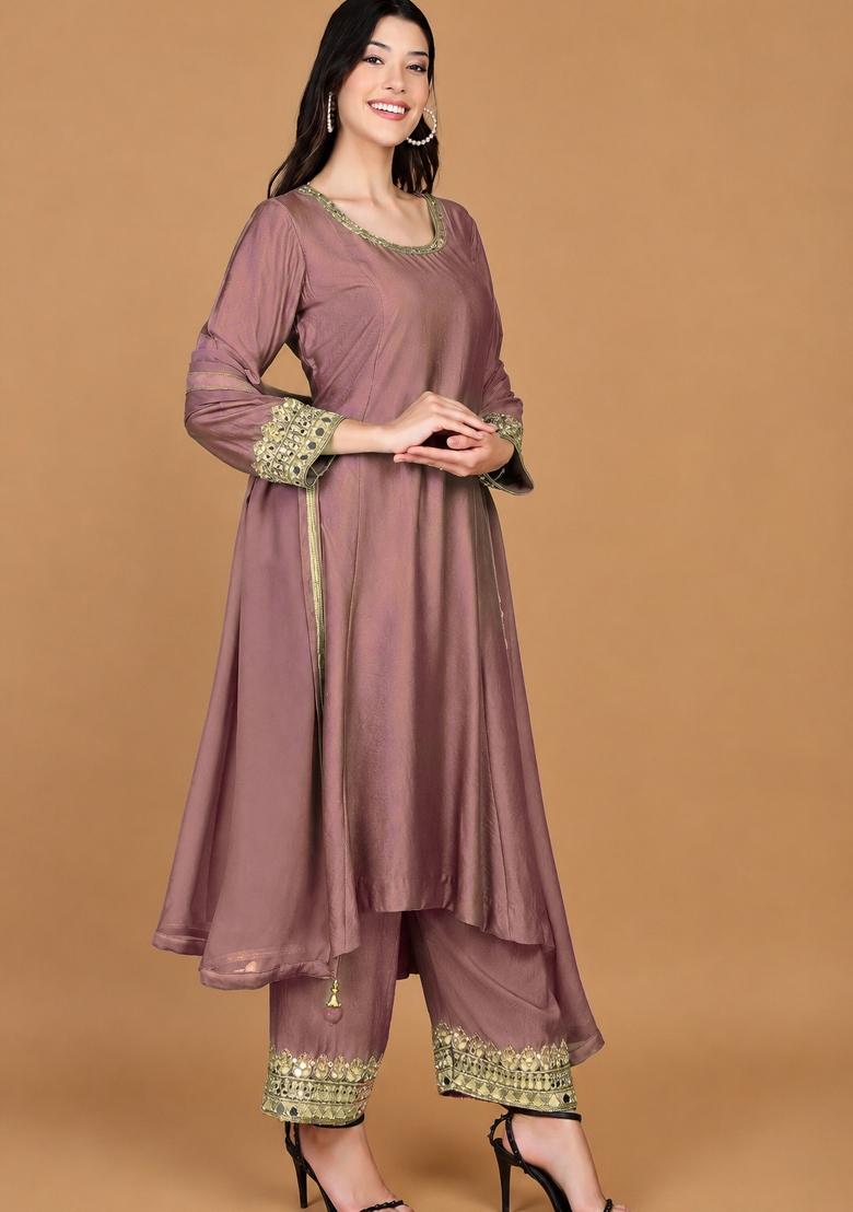 Pink Mirror Work Crepe Kurta Set - Indya
