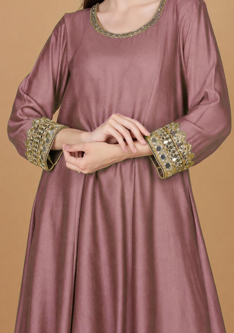 Pink Mirror Work Crepe Kurta Set - Indya