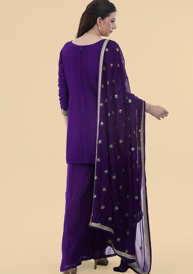 Purple Plain Organza Sharara Set - Indya