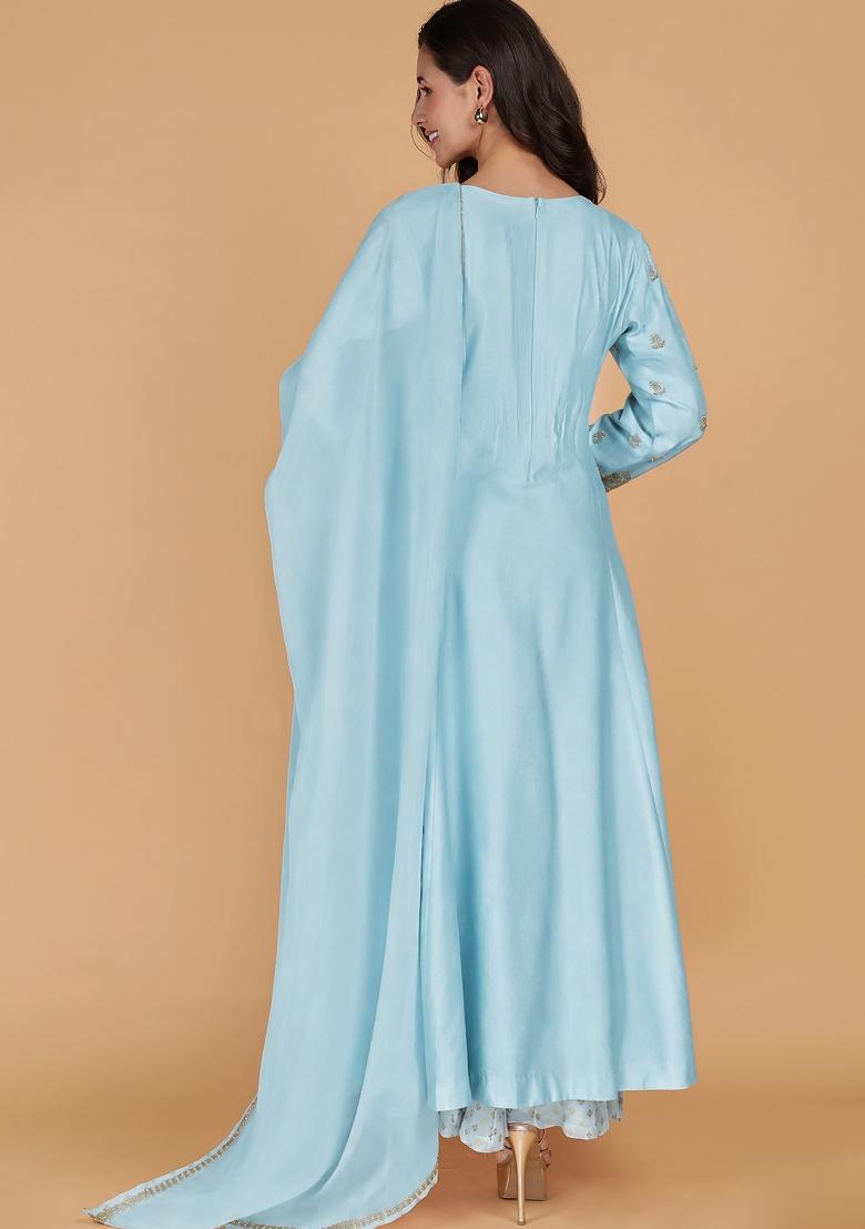 Blue Beads Work Cotton Kurta Set - Indya
