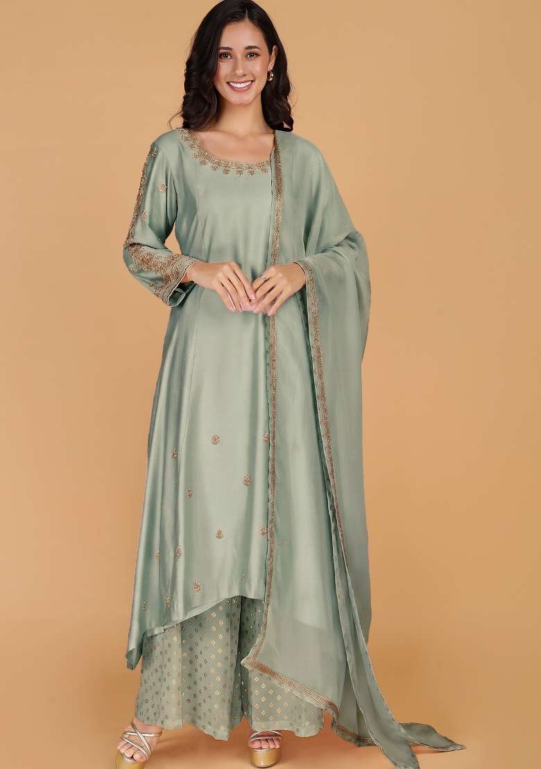 Green Beads Work Cotton Kurta Set - Indya