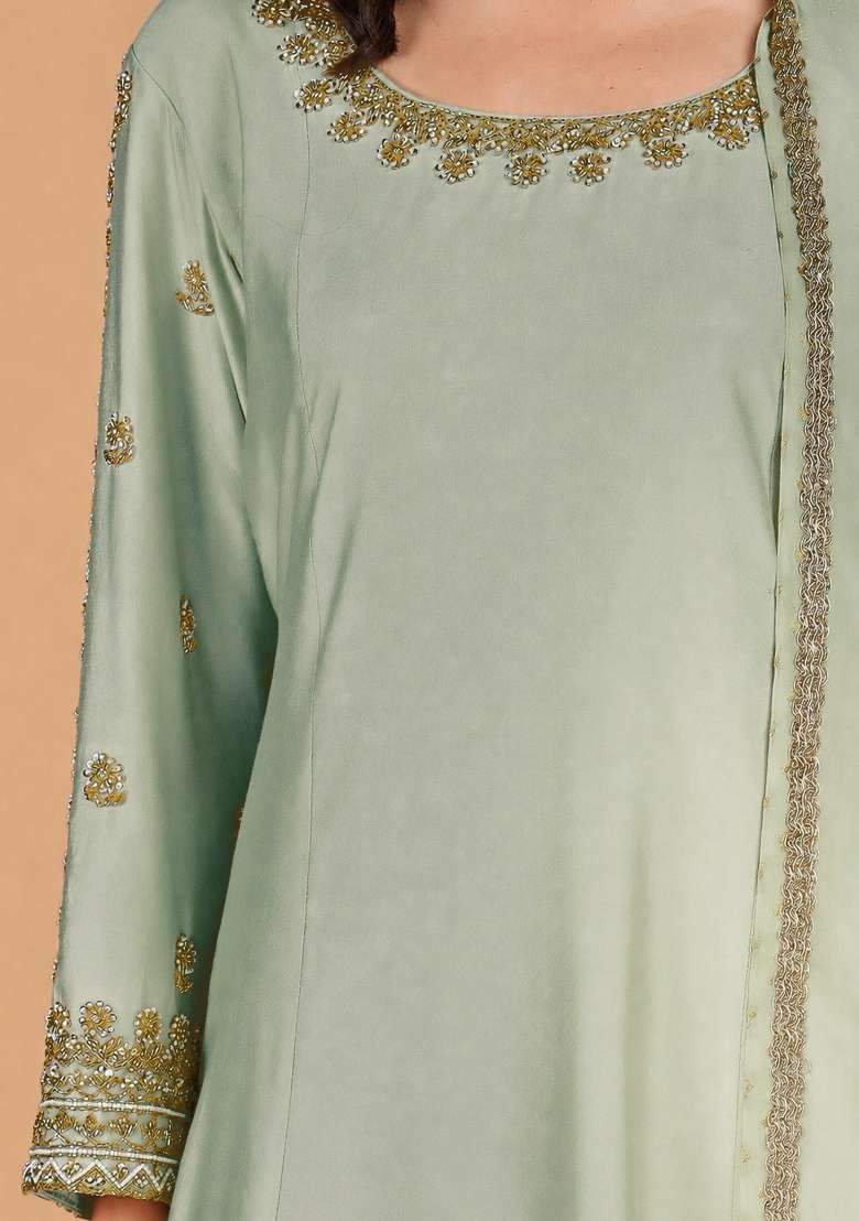 Green Beads Work Cotton Kurta Set - Indya